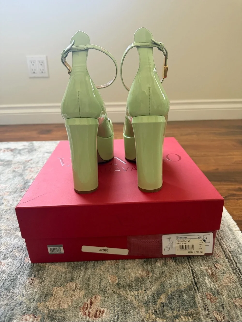 Valentino Patent Platform Ankle-Strap Pumps in Pale Green with Gold Buckle